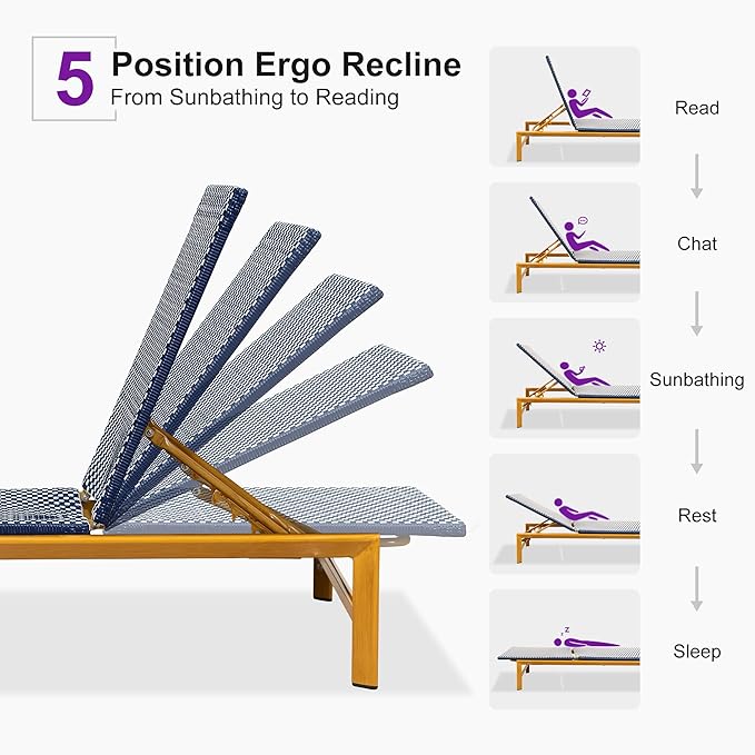 PURPLE LEAF Patio Chaise Lounge French Outdoor Lounger 2 Pieces Wood-Grain Finish Aluminum Wicker Lounge Chair with Adjustable Backrest for Pool Garden Beach and Backyard White and Navy