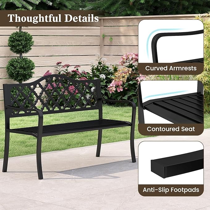 Tangkula 50.5” Metal Outdoor Park Bench, Slatted Patio Garden Bench for 2-3 People, Park-Style Loveseat with Curved Armrests, Heavy-Duty Outdoor Seating for Backyard, Lawn, Porch