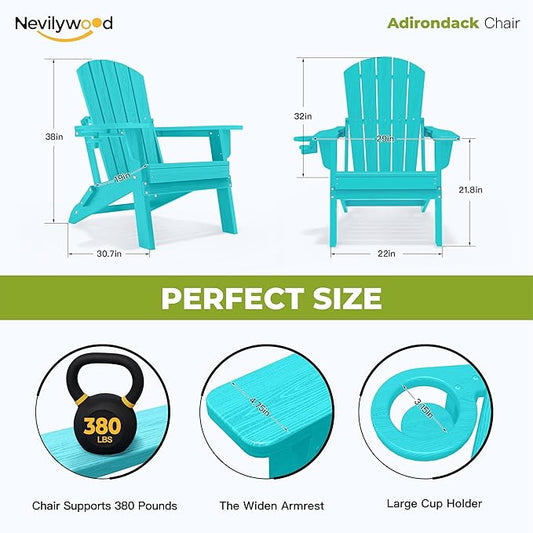 nevilywood HDPE Foldable Adirondack Chairs Set of 2, Waterproof All-Weather Outdoor Design, for Fire Pit, Patio & Beach, Aruba