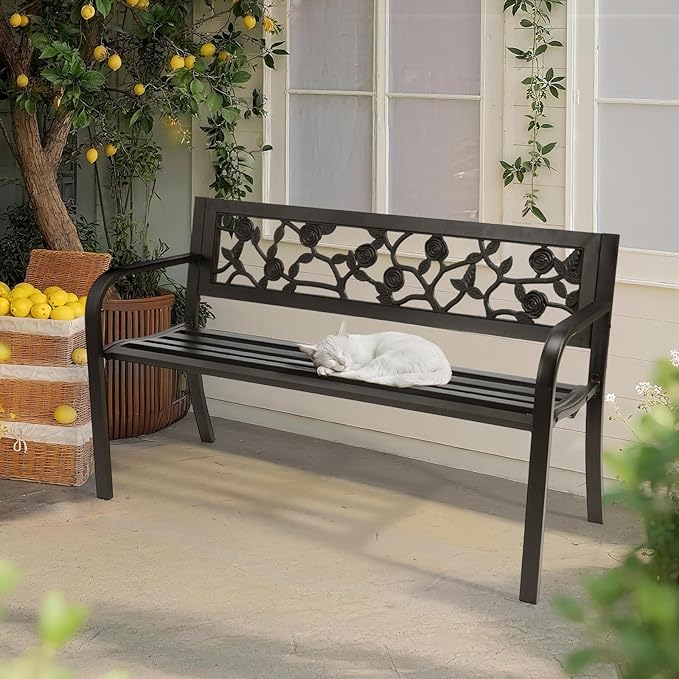 VINGLI Outdoor Metal Bench w/PVC Back - All Weather Resistant Black Garden Patio Bench for Entryway Front Porch Entryway Decor Deck (Black, Rose)