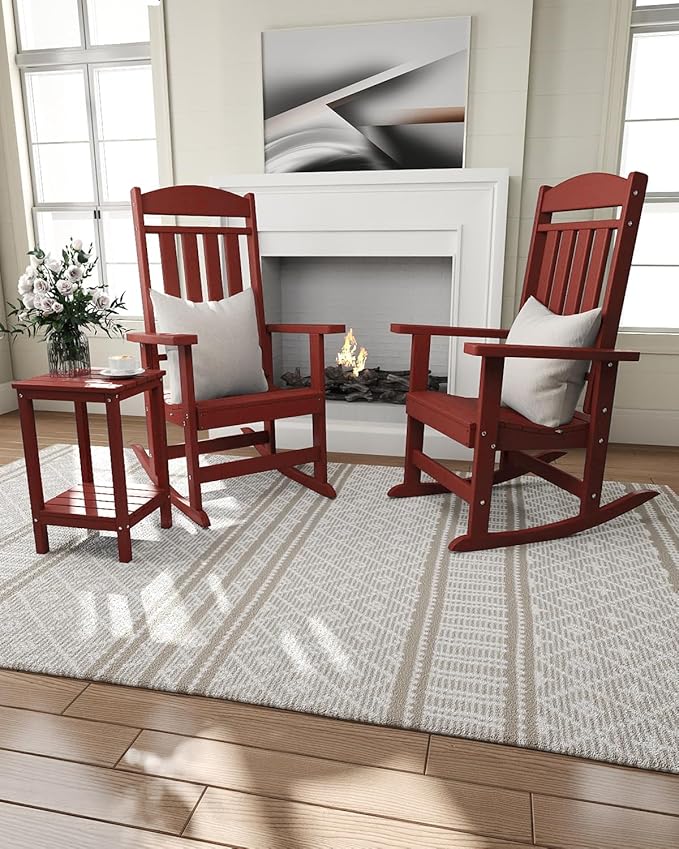 Outdoor Rocking Chairs Set of 2, Oversized High Back Patio Rocking Chairs, All Weather Porch Rocking Chairs for Outside. Red
