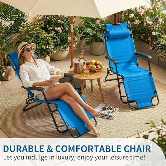 Outvita Folding Chaise Lounge Chair, Outdoor Adjustable Recliner Chair with Pillow for Camping, Beach, Poolside, Garden, Backyard, Lawn