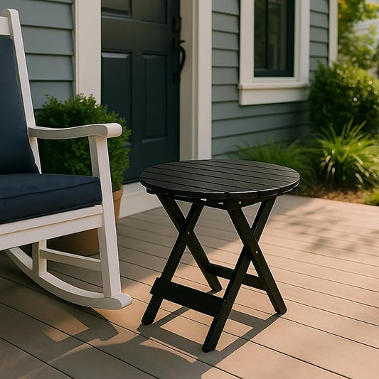 Shine Company Indoor/Outdoor Adirondack Round Folding Acacia Wooden Side Table, Black