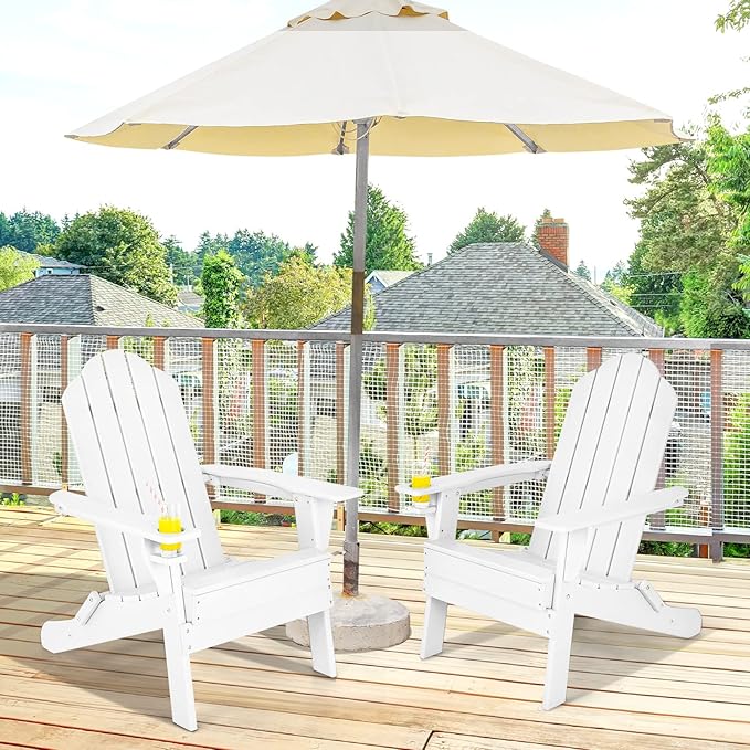 Giantex 2-Pack Adirondack Chair, Outdoor Folding Chairs, Weather Resistant Patio Chair with Cup Holder Lawn Chair for Patio, Garden, Backyard, Balcony, Deck Outside Fire Pit Chair (White)