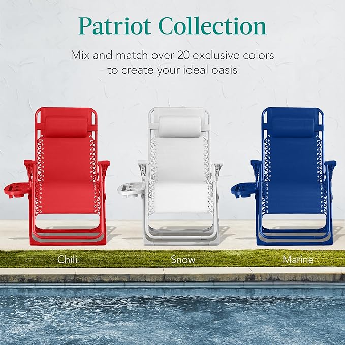 Best Choice Products Adjustable Zero Gravity Chair, Monochromatic Color Folding Patio Recliner w/Side Tray, Headrest - Marine
