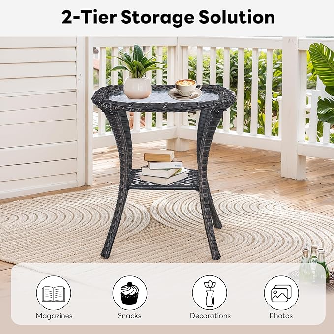 Belord Outdoor Furniture Set Patio Wicker Chairs, 3 Peices Porch Rattan Furniture with Side Table, Deep Seating Patio Bistro Chair Sets (Blue Cushion)