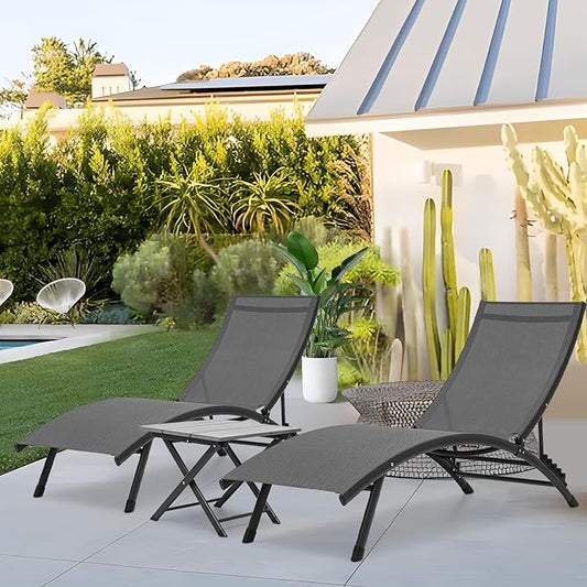 Athena Collection Outdoor Chaise Lounge Set, Aluminum Frame Pool Lounge Chairs with 5-Level Adjustable Backrest and Folding Side Table, Breathable Sun Lounger for Poolside Patio Outdoor, Grey