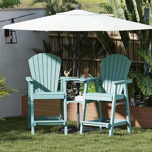 FOOWIN Tall Adirondack Chair Set of 8, All Weather HDPE Bar Height Adirondack Chair with Double Connecting Trays, Adirondack Barstools for Balcony, Deck, Backyard, Patio, Garden Aruban Blue