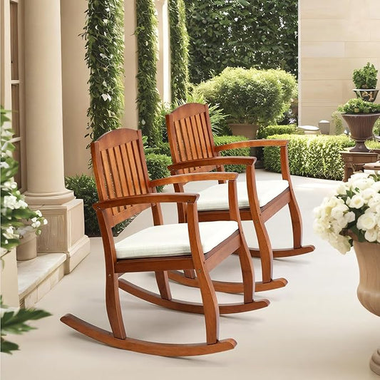 VINGLI Wooden Rocking Chair with Cushion,Outdoor Indoor Rocking Chair Supports Up to 450 lbs,Chair with Comfortable Backrest for Patio, Porch, Balcony (2, Teak)
