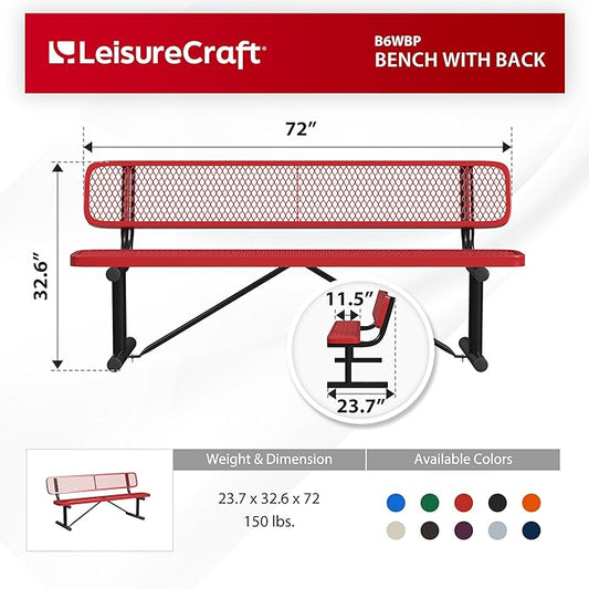 Leisure Craft Metal Outdoor Bench with Back - 6 Foot Heavy Duty Bench Seating for Garden, Porch, Picnic, Park, Expanded Metal, Thermoplastic Coating, Commercial Grade Furniture Made in USA - Red