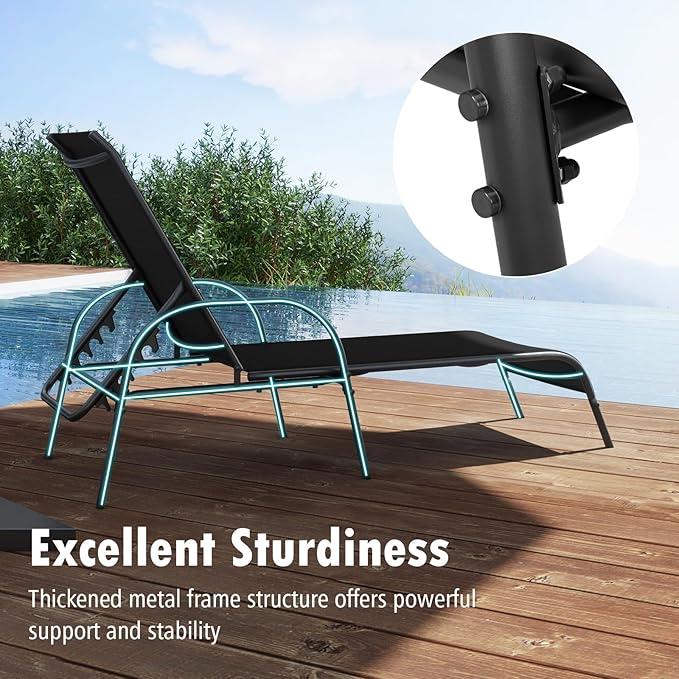 Nightcore Chaise Lounge Chair Outdoor, Pool Chair with 5 Adjustable Backrest, Patio Lounge Chairs with Breathable Fabric, Comfortable Armrest, Chaise Lounge for Patio, Pool, Bench (2, Black)