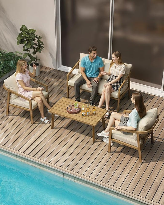 Teak Patio Sofa Chairs Set of 2, Never-Rust Aluminum Outdoor Armchair with Removable Cushions, All Weather 2 Pieces Outdoor Club Chairs, Outdoor Sofa Chairs for Garden, Porch, Balcony | Never-Rust, Wraparound Design, Wood-Grain Texture, All Weather, Re...