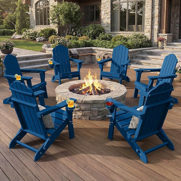 Adirondack Chairs Set of 6, Fire Pit Chairs, Wood Texture Patio Chairs with 2 Cup Holder, Outdoor Lawn Chair, NavyBlue - Photo 1