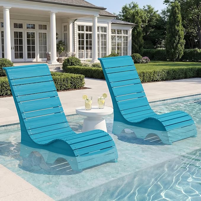 Pool Lounge Chairs Set of 2 for Baja Shelf, Ergonomic S-Contour Pool Lounger for Ultimate Comfort, HDPS Non-Absorbent Material Pool Chairs with Unique M-Shape Base Anti-Float for Patio, Blue