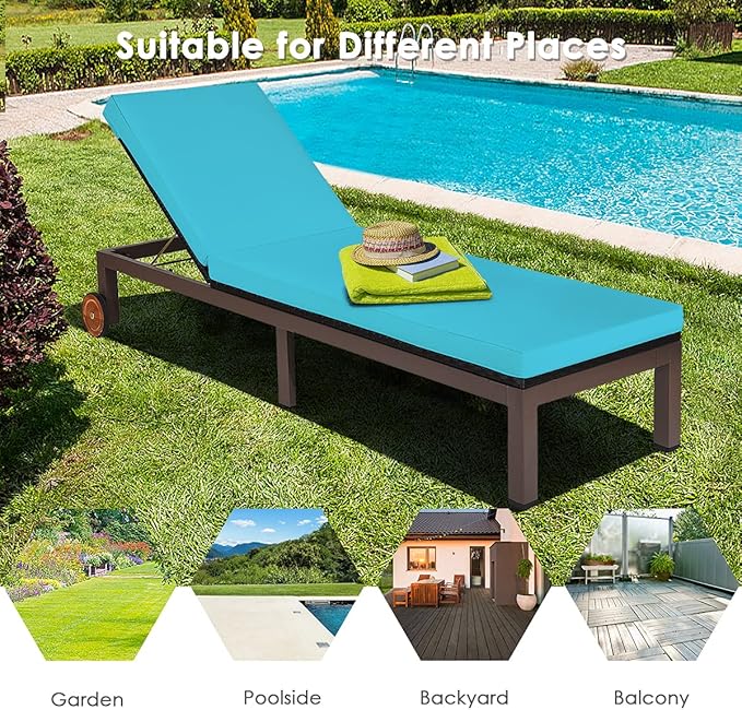 DORTALA Outdoor Pool Chaise Lounge Chair, Metal Rattan Lounger Recliner Chair W/Wheels, Folding Wicker Chaise Chair W/Cushioned Seating, Turquoise