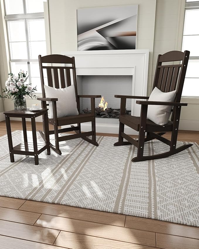 Outdoor Rocking Chairs Set of 4, Oversized High Back Patio Rocking Chairs, All Weather Porch Rocking Chairs for Outside. Coffee