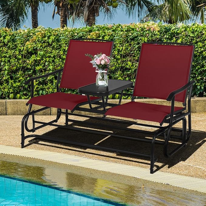 Giantex Outdoor Glider, Rocking Chair with Metal Frame, Center Tempered Glass Table, 2-Person Loveseat, Patio Glider Bench, Outside Swing Chair for Garden Yard Lawn Porch Patio Rocker (Burgundy)