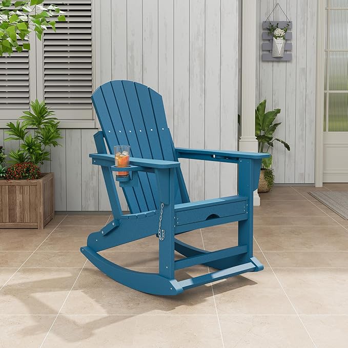 PeakPursuit Adirondack Outdoor Rocking Chairs with Two Cup Holders, HDPE All Weather Outdoor Adirondacks Rocking Chair with Retractable Ottoman