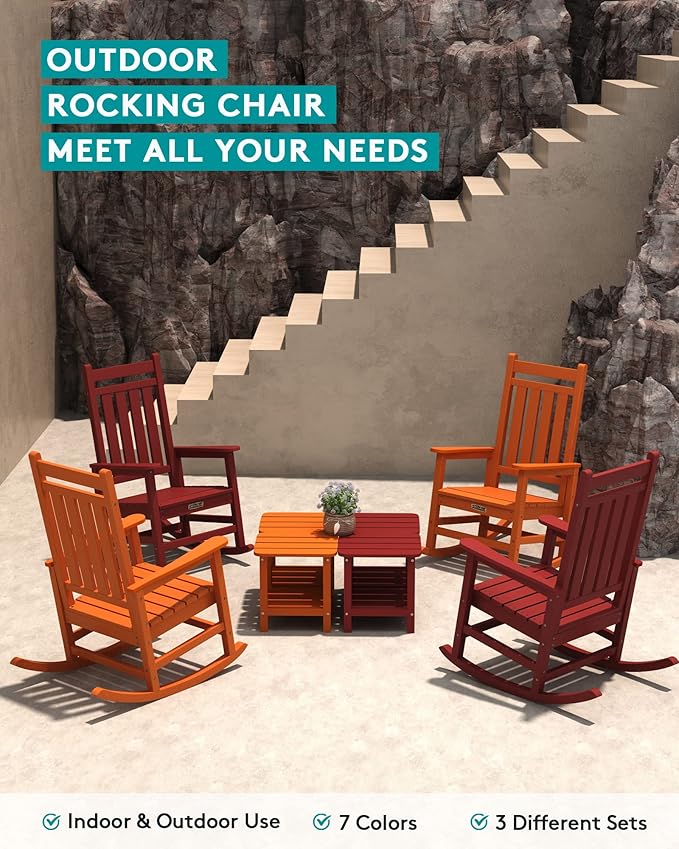 SERWALL Outdoor Rocking Chair Set of 2, Patio Rocking Chairs for Adult, All Weather Resistant Porch Rockers for Lawn Garden, Orange