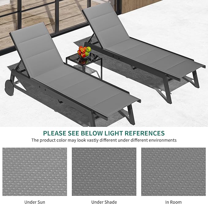 YITAHOME Outdoor Chaise Lounge Chairs Set of 3, Pool Loungers with Side Table, 5-Position Adjustable Backrest,Padded Fabric, and Wheels for Pool Beach Patio Lawn Porch - Grey