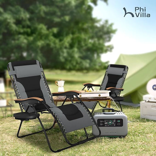 PHI VILLA XXL Oversized Padded Zero Gravity Chair, Foldable Patio Recliner, 30" Wide Seat Anti Gravity Lounger with Cup Holder, Support 400 LBS (Gray)