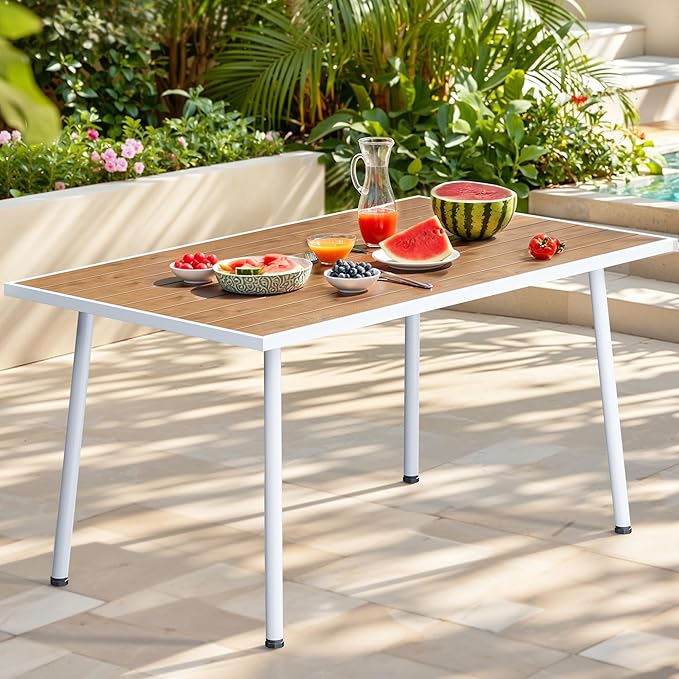 YITAHOME Patio Table Rectangle 59" for 6 Outdoor Table with Umbrella Hole & Adjustable Feet All-Weather Outdoor Patio Table with Metal Frame Patio Dining Table for Garden Backyard