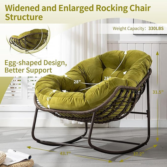 HOMEFUN Outdoor Patio Rocking Chairs, Oversized Papasan Rock Chair Indoor with Velvet Padded Cushion - Rocker Egg for Front Porch, Garden, Backyard Olive