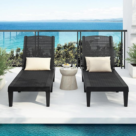 Patio Chaise Lounge Chair Set of 2, Outdoor Chaise Lounges Resin Pool Lounge Chairs with Adjustable Backrest for Outside Pool Garden Deck Beach, Black