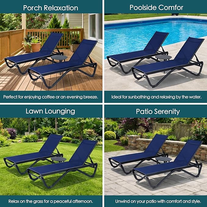 Kozyard Outdoor Chaise Lounge Chair, Full Aluminum Frame, Adjustable Reclining Patio Lounger for Poolside, Sunbathing & Backyard, Textilene (NavyBlue)