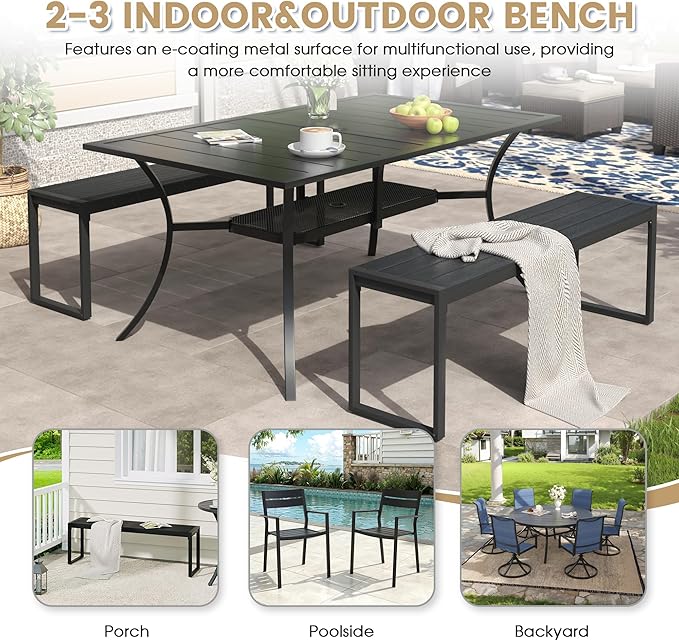 VICLLAX 3-Person Outdoor Bench, 2 Pieces 53" Long Garden Bench Backless Porch Patio Bench Metal Park Bench, Black