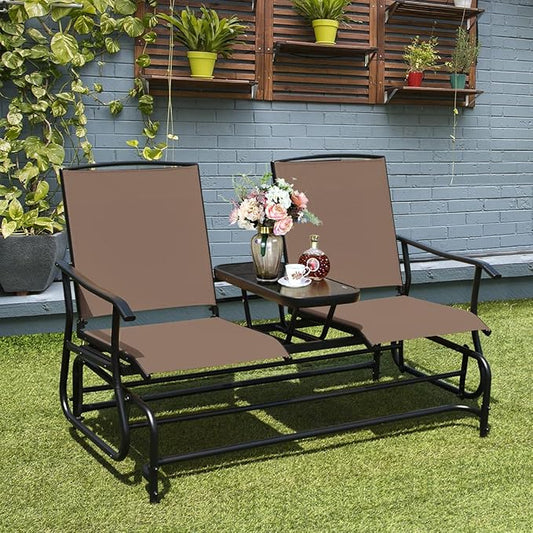 Giantex Patio Bench Glider Chair with Metal Frame, Center Tempered Glass Table, Outside Double Rocking Swing Loveseat for Porch, Garden, Poolside, Balcony, Lawn Rocker Outdoor Glider Bench(Brown)