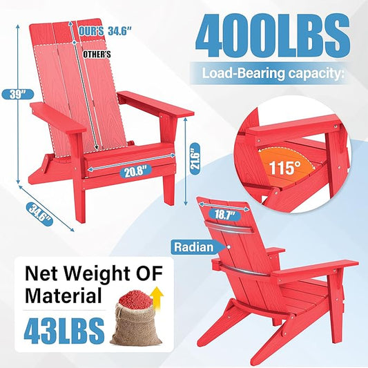 YEFU Adirondack Chairs Oversize Folding :400lb Weight Capacity - Plastic Adirondack Chairs - High Back Modern Like Wooden - All-Weather Use for Outdoor/Patio/Fire Pit/Garden/Camping - (Red)
