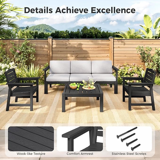 Patio Chairs, 6 Pieces Weatherproof HIPS Outdoor Furniture, Patio Chairs Seating Sets, Black