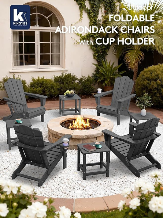 KINGYES Folding Adirondack Chair, HDPE All-Weather Patio Chairs with Cup Holder, Wooden Textured Fire Pit Chairs for Poolside, Backyard, Deck, Grey
