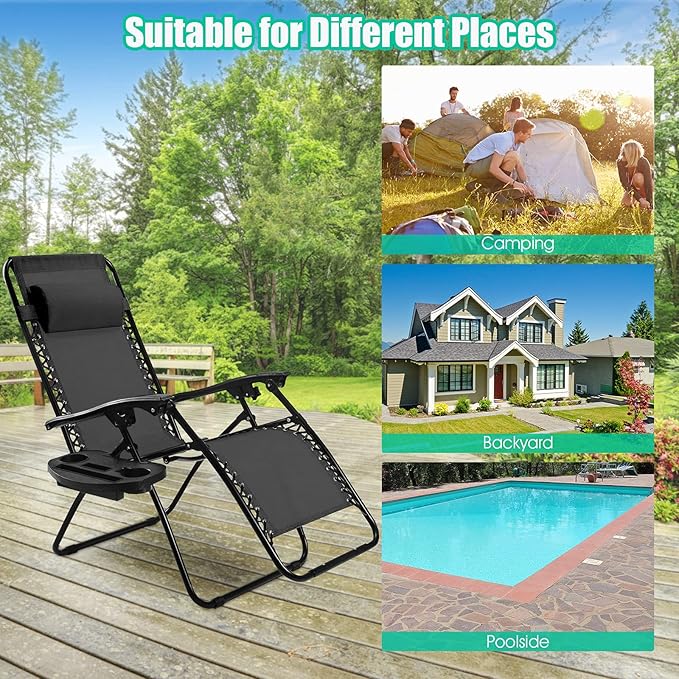 Folding Zero Gravity Reclining Textilene Lounge Chairs, Outdoor Adjustable Patio w/Pillows & Cup Holder Trays for Backyard, Beach, Poolside (BK)
