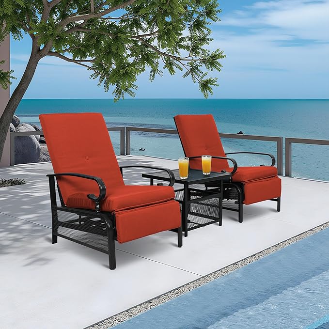 Incbruce 3 Pieces Outdoor Lounge Recliner Set, 2 Adjustable Metal Recliner Sofa Chair and Umbrella Stand Side Square Table Suitable for Garden, Pool, Yard (Red)
