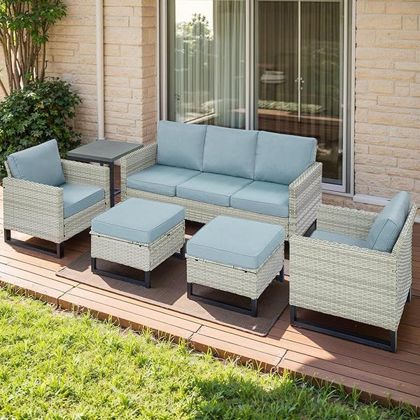 Rilyson Wicker Outdoor Patio Furniture Set - 6 Piece Patio Conversation Set with 2 Armrest Chairs, 2 Rattan Ottoman - Photo 1