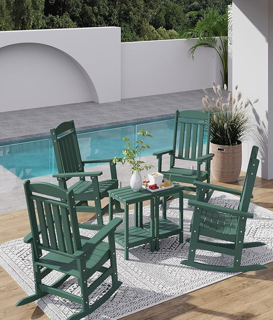 FOOWIN Outdoor Rocking Chair Set of 4, High Back Patio Rocking Chair, HDPE All Weather Resistant Porch Rocker for Adult, Oversized Rocking Chairs for Garden, Lawn, Indoor & Outdoor Use, Dark Green