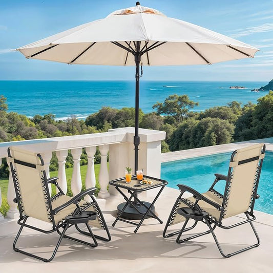 Magshion Folding Zero Gravity Chairs Set of 2, Outdoor Reclining Camping Chairs, Patio Lounge Recliners with Side Table & Cup Holder Tray, Cream