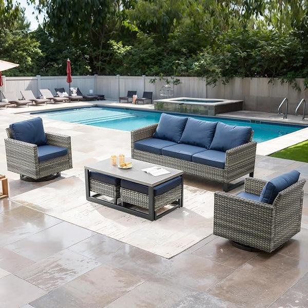 Wicker Outdoor Patio Furniture Set - 6 Piece Patio Conversation Set with 2 Swivel Rocker Chairs, 2 Rattan Ottoman - Photo 1