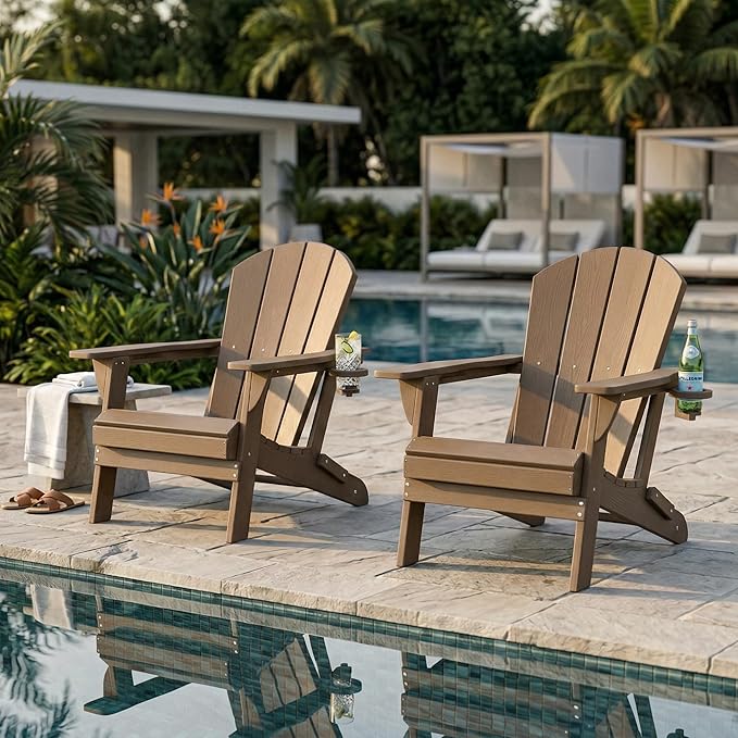 Kingdura Foldable Adirondack Chair, Portable HDPE All Weather Resistant Outdoor Patio Chair, Wooden Textured with Cup Holder, 380LBS Capacity for Poolside, Backyard, Deck, Fire Pit (Brown)