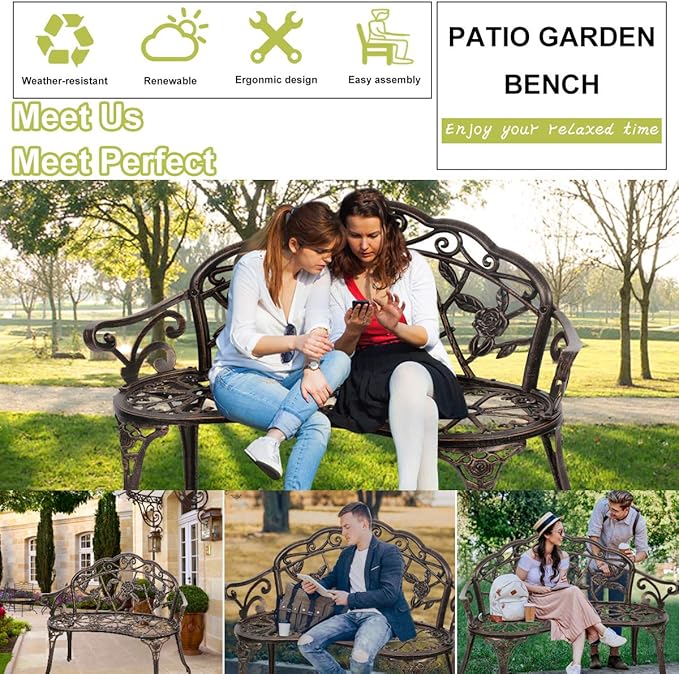 Patio Garden Bench Outdoor Metal Rose Loveseat,39in Cast Iron Well-Crafted Floral Back Antique Finish Park Chair,Accented Lawn Front Porch Path Yard Bronze Decor Deck Furniture for 2|Easy Assembly