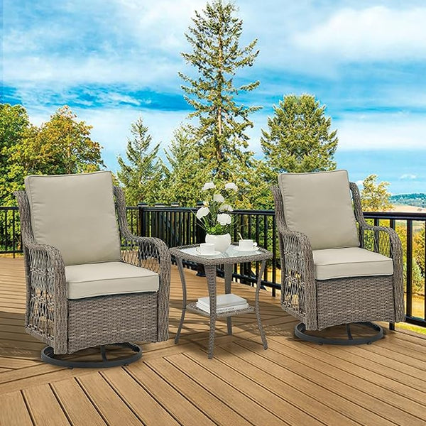 GAOMON 3 Piece Outdoor Patio Set, Wicker Rocking Bistro Set with 2 Swivel Chairs & Tempered Glass Top Table - Photo 1