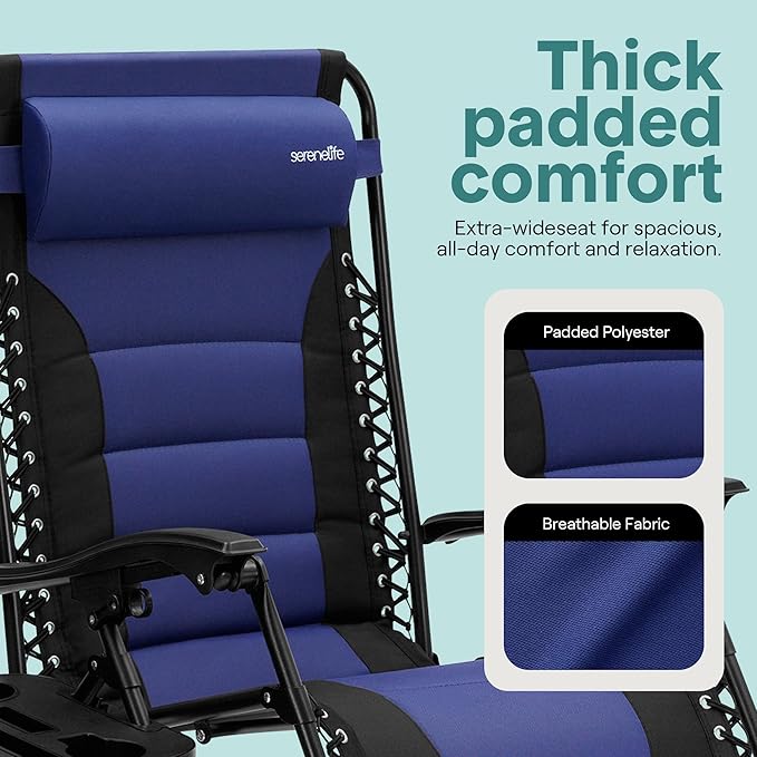 SereneLife Oversized Padded Zero Gravity Lounge Chair, Foldable Outdoor Patio Recliner, Anti Gravity Lawn Recliner with Cup Holder and Side Table for Backyard, Camping, Beach or Outdoor Relaxation