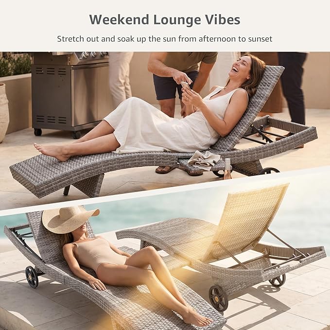 Set of 6 Gray Outdoor Chaise Lounge Chairs, Wicker Patio Lounge Chairs with Adjustable Backrest and Wheels, Durable PE Rattan Pool Chair for Patio, Poolside and Garden