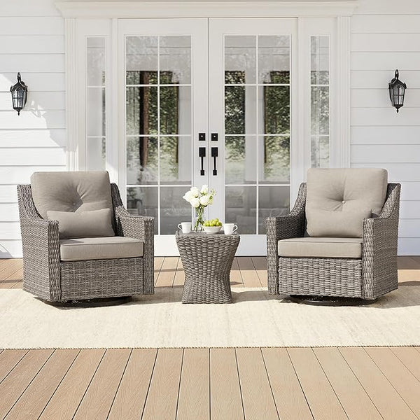 CHITA 3 Pieces Wicker Patio Bistro Set, Outdoor Furniture Set with 2 Pieces Rattan Rocking Swivel Chairs - Photo 1