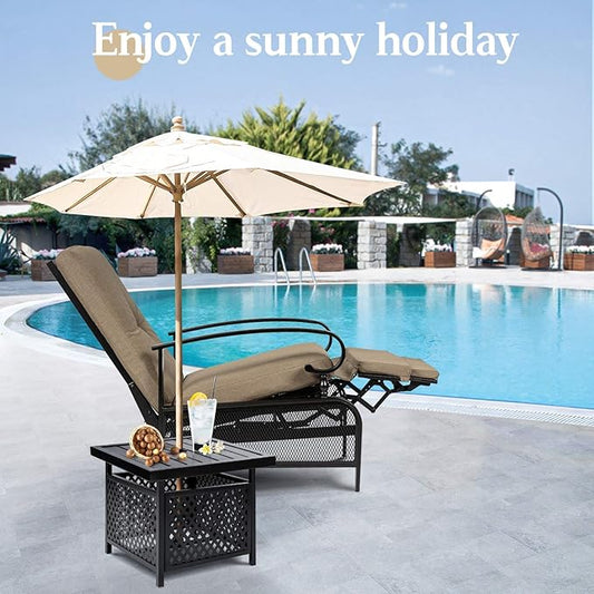 SUNCROWN Outdoor Recliner Chair Patio Adjustable Recliner Chair and Side Bistro Table with Umbrella Hole, Brown