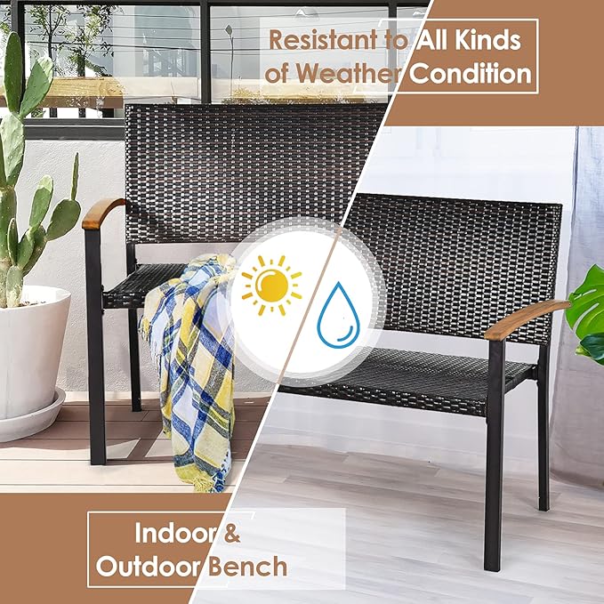 Tangkula 2 Pieces Patio Wicker Bench, All Weather Rattan Bench w/Acacia Wood Armrest, Outdoor Loveseat Chair, Lightweight Patio Stackable Dining Bench for Front Porch, Backyard, Garden, Pool, Deck