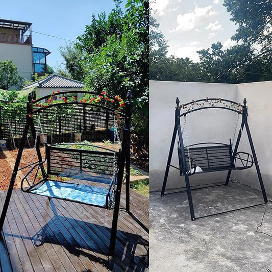 Upgraded Metal Patio Porch Swing with A-Frame Stand Heavy Duty Metal Hanging Porch Swing Chair Patio Hanging Bench Swing with Adjustable Chains for Garden, Balcony, Living Room (Black)