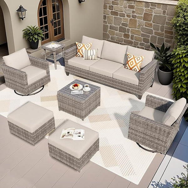 ovios Patio Furniture Set, 7 Pieces Outdoor Wicker Sofa Couch with Swivel Rocking Chairs Glass Table Comfy Cushions - Photo 1
